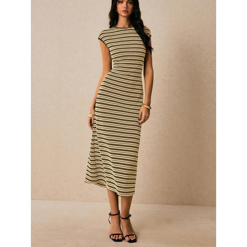 Abito estivo a righe in maglia Slim Fit Elegante da festa Casual Senza maniche Abiti da sera Eleganti 2026 Dolce per ufficio Streetwear Bodycon Abbigliamento
