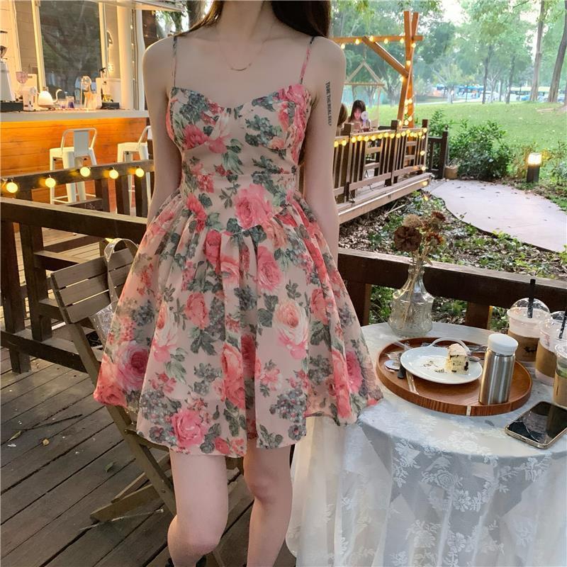 Floral Print Cami Dress Waist Slimming A-Line Skirt French Style Summer Fairy Dress for Women