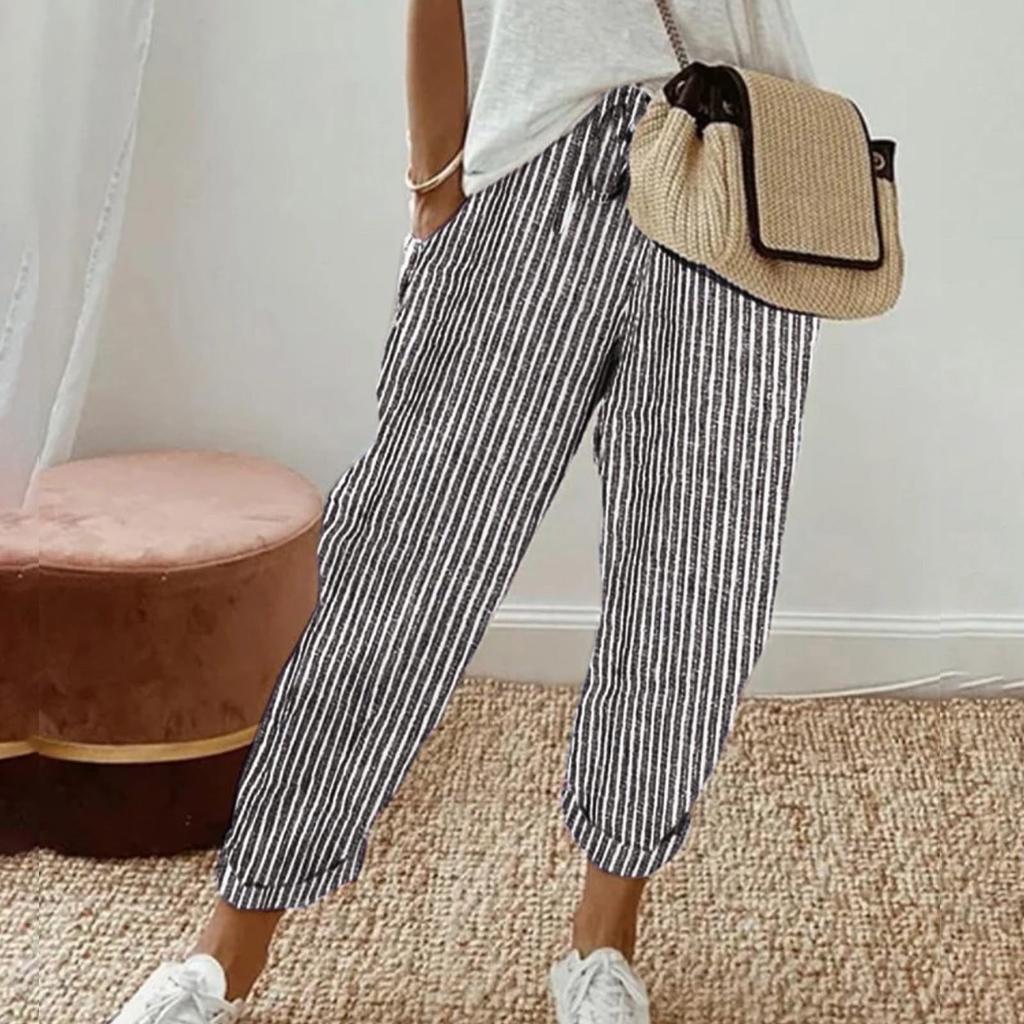 Damen Kordelzug Gestreift Elastischer Bund Gebunden Lässige Hosen mit Taschen