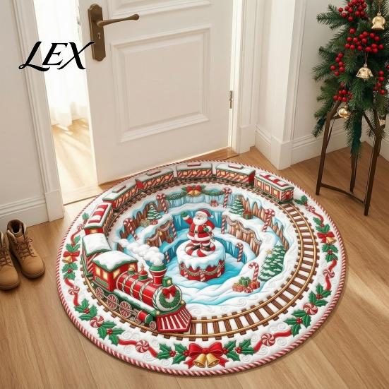 Indoor Decorative Floor Covering Round 3D Christmas Rug, Vortex Optical Illusion Area Santa Snowman Staircase Low Profile Fireplace Mat Depth Pattern,