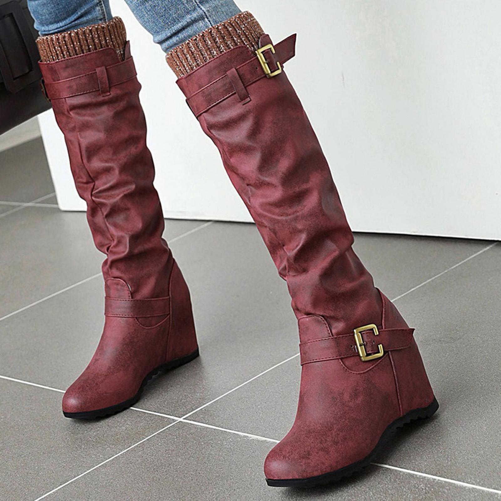 

Женские сапоги до колена без шнуровки на танкетке, повседневные ботильоны среднего размера на квадратном каблуке 38 красный