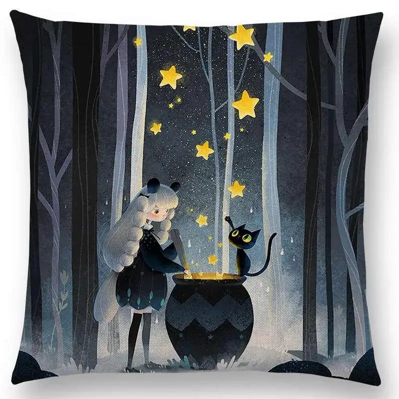 Neuankömmling Bunte Träume Schwarze Katze Niedliche Mädchen Magische Sonne Mond Warm Stern Kissenbezug Autoabdeckungen Sofa Wurfkissenbezug
