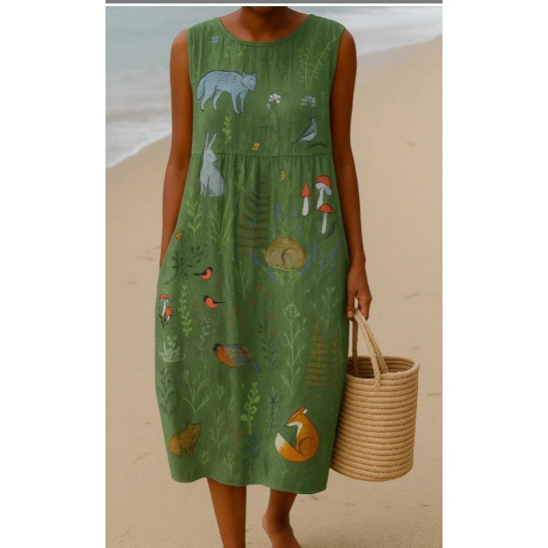 Summer new sleeveless pocket casual printing temperament long dress dress slim dress