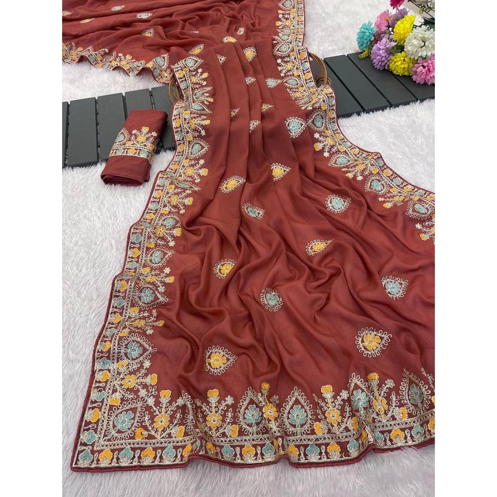 Pure  soft star Georgette silk fabric with thread work embroidered with piping border