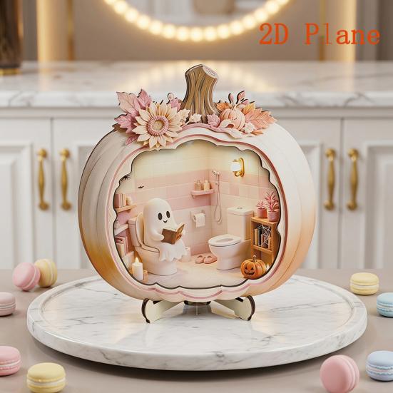 Cute Pastel Pumpkin Ornament Halloween Ghost Wooden Plaque, 2D Flat Tabletop Sign, Desktop Festive Home Accessory Spooky Bathing Reading for