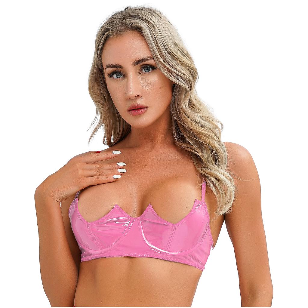 Biustonosz damski z wycięciem w kształcie litery V z fiszbinami, z efektem mokrego wyglądu, ze skóry lakierowanej, regulowany, z ramiączkami typu spaghetti