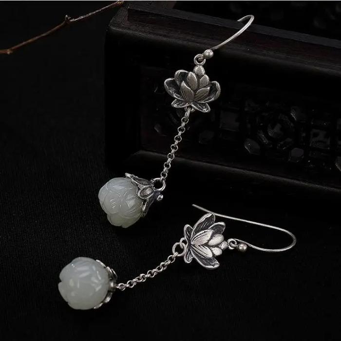 Original Natural Hetian White Jade Lotus Long Earrings Chinese Retro Light Luxury Charm Women's Brand Jewelry
