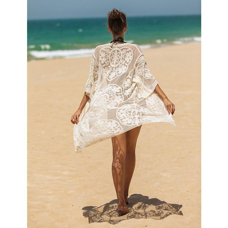 Women's Lace Mesh Bikini Outer Cardigan Plus Size Holiday Style Beach Cover Up Sun Shirt