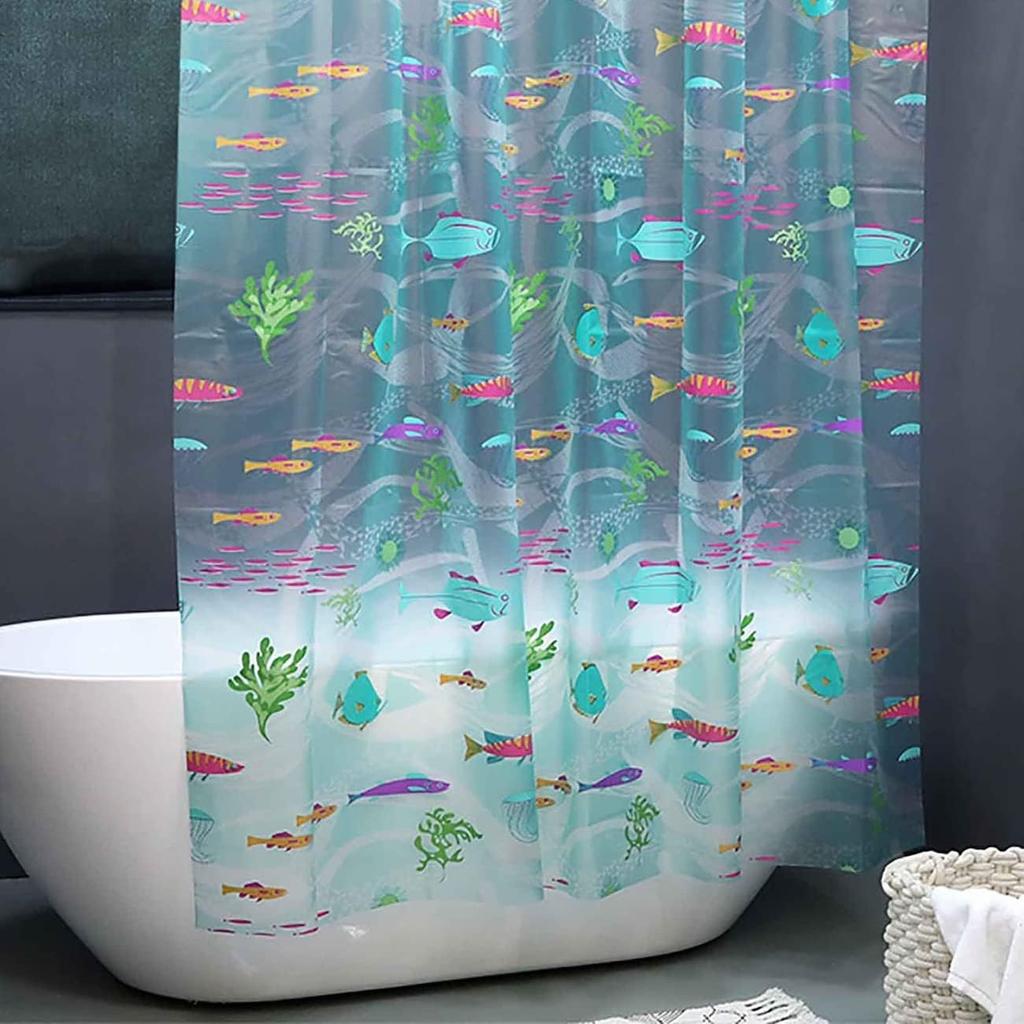 Underwater World Fish Shower Curtain, Ocean Tropical Fish Shower Curtains, Waterproof Transparent EVA Bathroom Decor Set with Hooks, Cute Shower