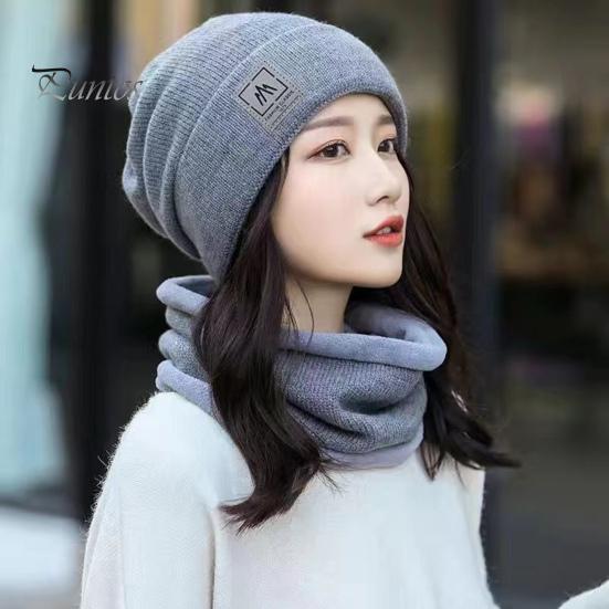2 Pcs/Set Lady Winter Beanie Scarf Sert Knitted Elastic Ear Protection Brimless Windproof Cap Neck Wrap Set Outdoor Cycling Skiing Headwear