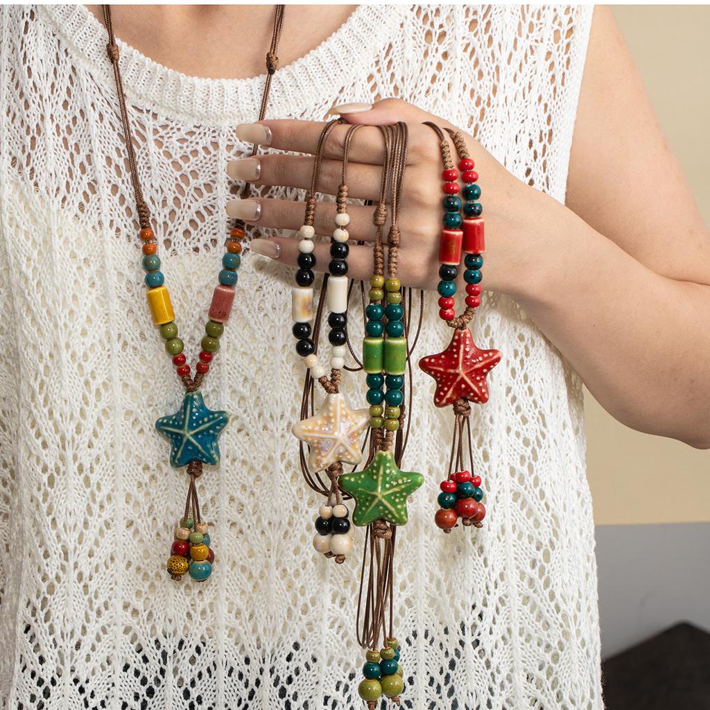 Color Ceramic Beaded Star Necklace Bohemian Retro Neck Chain Ethnic Style Woven Long Necklace