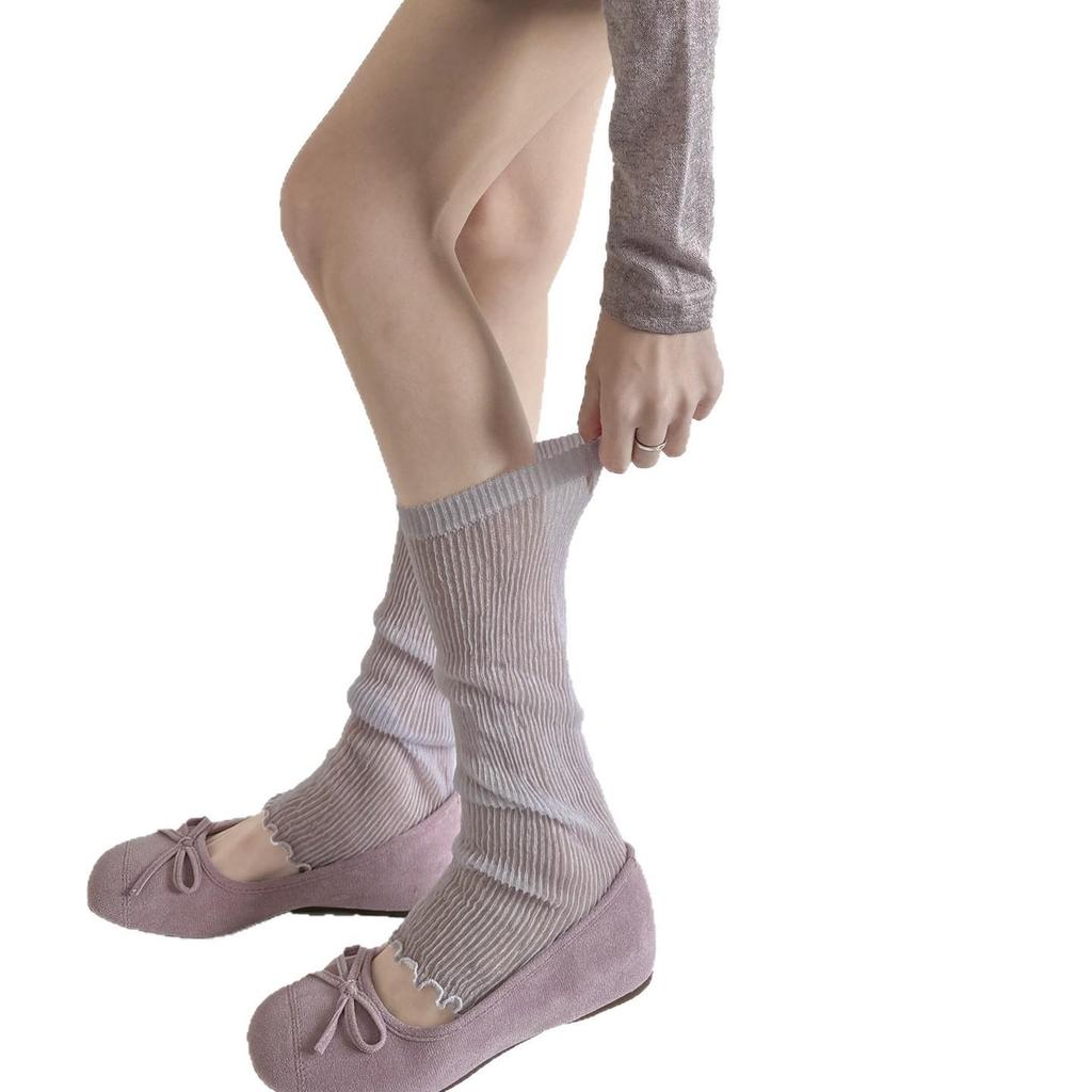 Ballet-Style Slimming White Leg Warmers for Women - Spring/Summer Breathable Vertical Stripe Ruffle Calf Socks