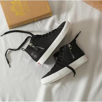 Damen Seitlicher Reißverschluss Bequeme Atmungsaktive Schwarze Lederschuhe Studenten Flats Skateboardschuhe Lässige Damen Sneaker
