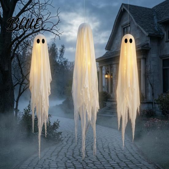 Remote Control Halloween Lights 3 Pcs Large Lighted Hanging Ghosts Decoration 4FT + 5FT Outdoor Glowing Ghost Kit for Home Spooky Flying with