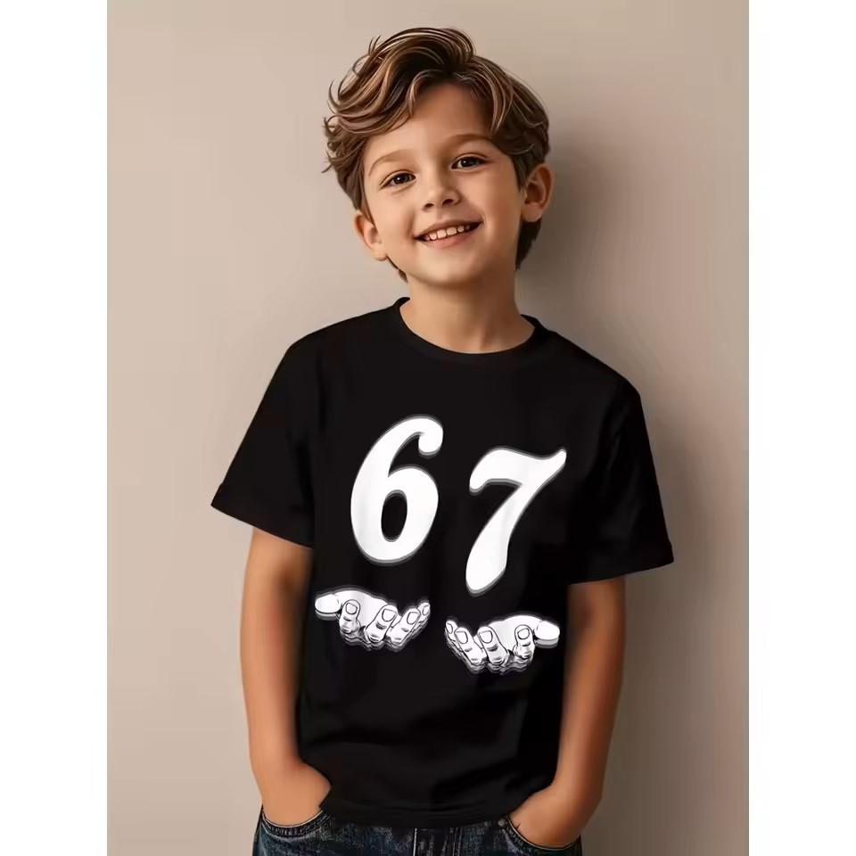 Cartoon 67 Print Kinder T-Shirts Sommer Mode Kurzarm Lässig Rundhals Oberteile für Jungen und Mädchen T-Shirts Top