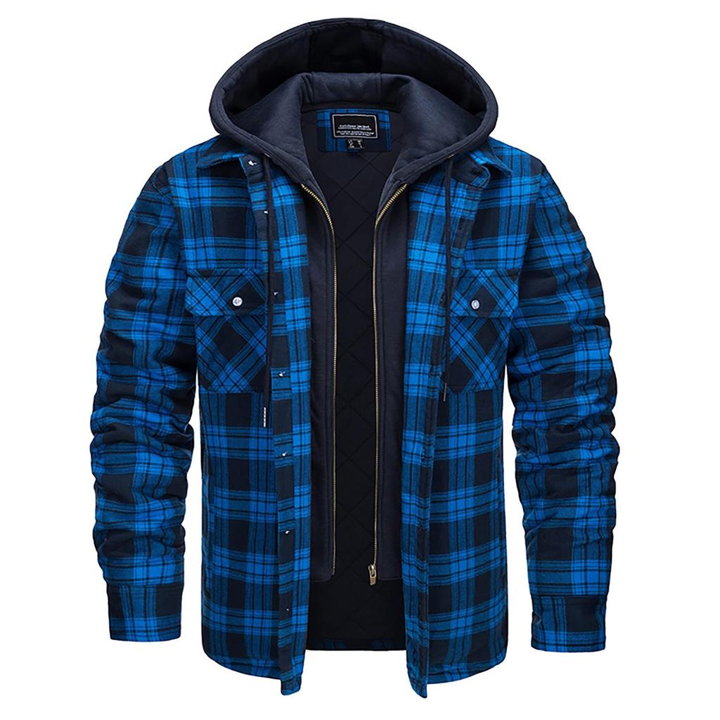 Plaid Flannel Shirt Jacket Men‘s Quilted Lined Coats with Removable Hood Winter Thick Hoodie Outerwear Heavy Shirts