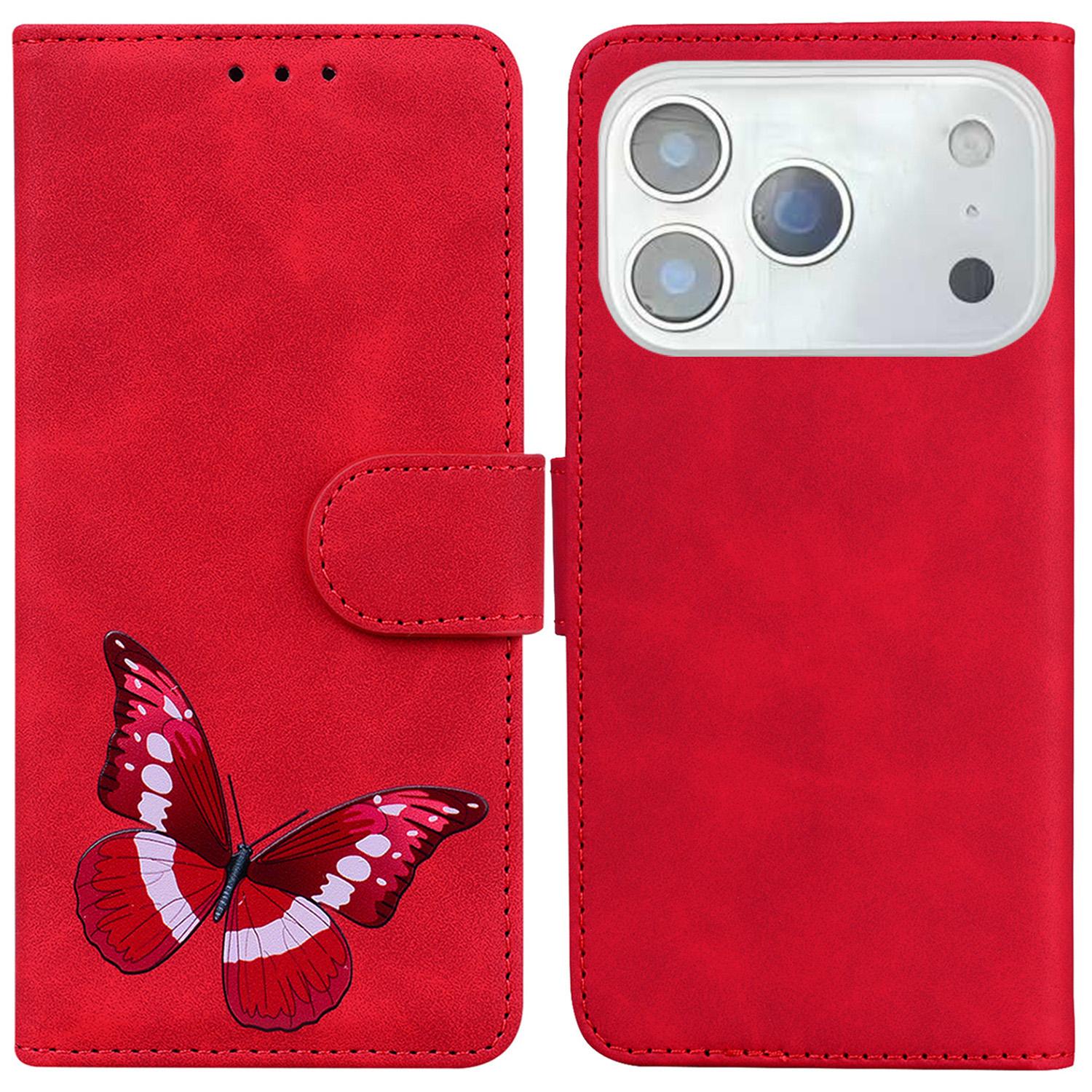 

For iPhone 17 Pro Max Stand Case PU Leather Phone Cover Butterfly Printed Red