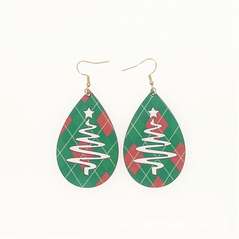 Christmas Tree Teardrop Wooden Leather Earrings