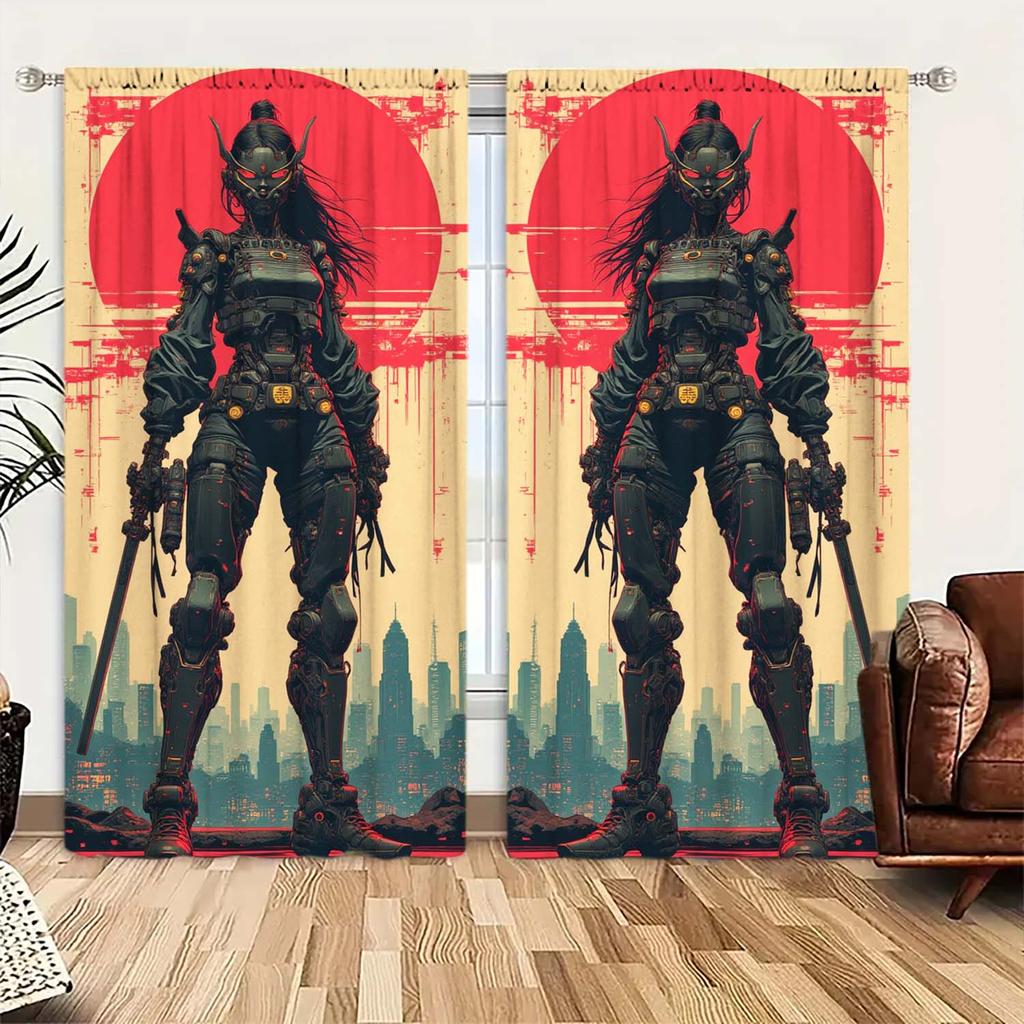 2 Panels Robot Ninja Pattern Window Curtains - Heat-insulating   Suitable for Decorating Curtains In Various Rooms