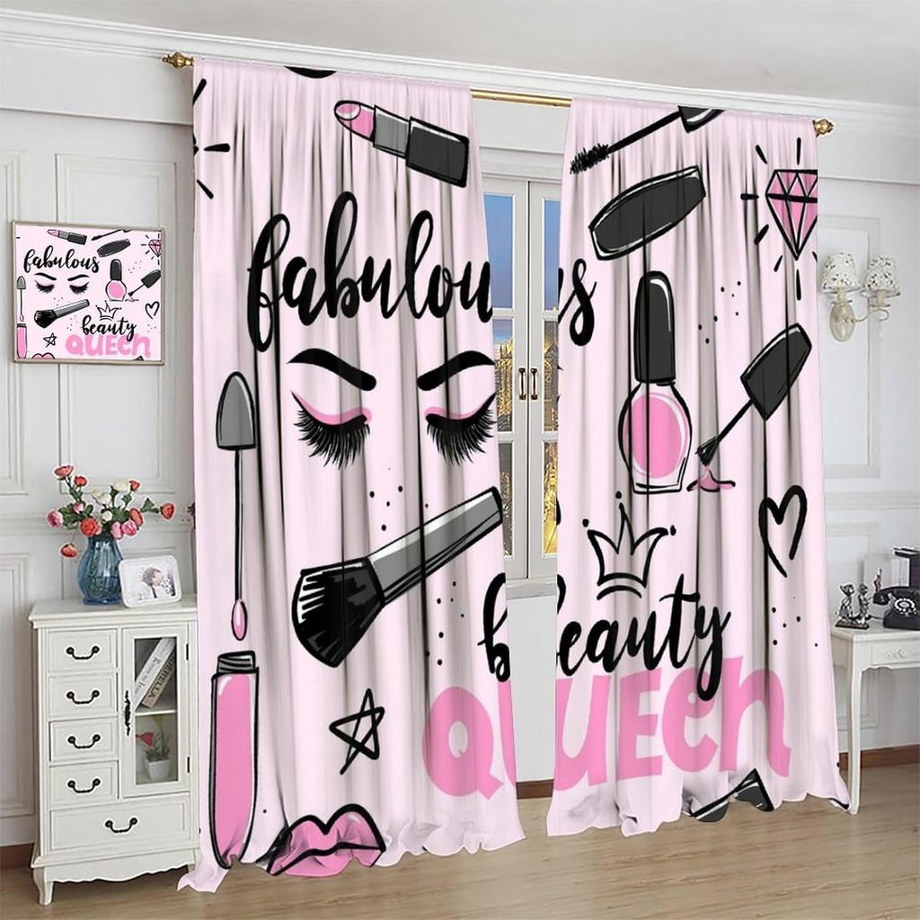 Fashion Makeup Curtains Pink Theme Lipstick Perfume Girl Makeup Blackout Window Treatment for Kids Girl Bedroom Cloakroom Decor