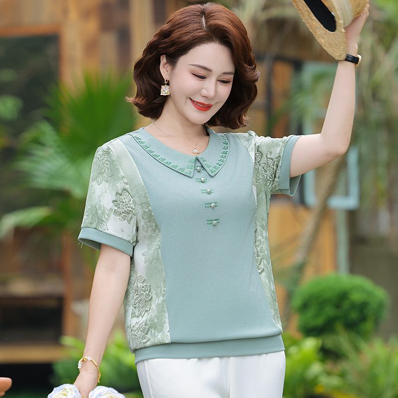 2026 Elegant Short-Sleeved Plus Size Set for Middle-Aged Women – Summer Chinese Style Loose Top Blouse