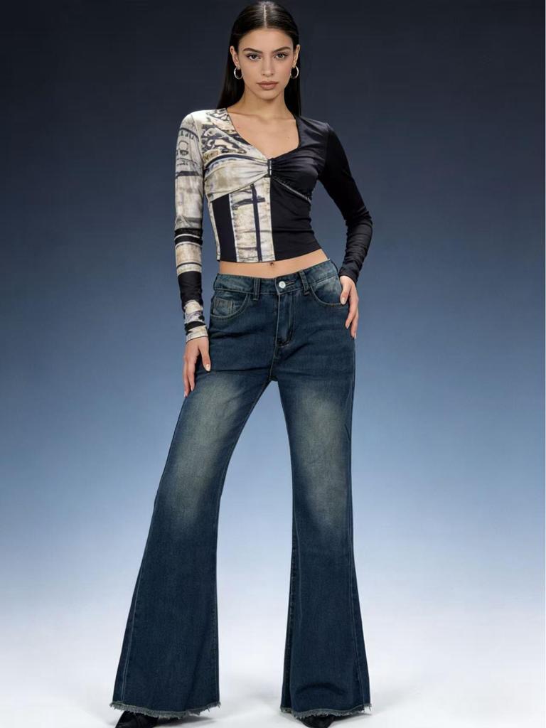 Retro Mid-Waist Micro-Flare Jeans with Frayed Hem