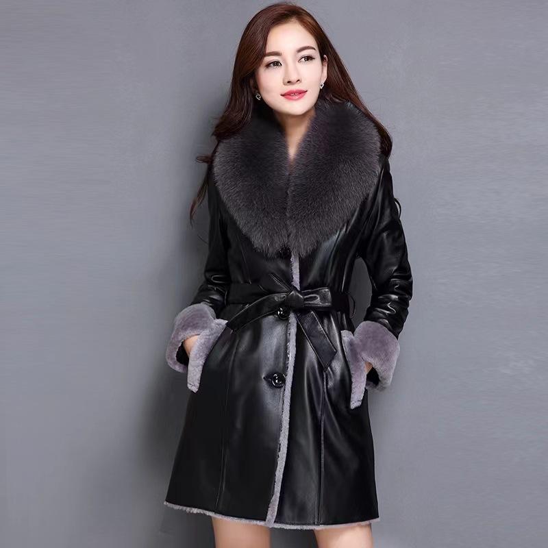 Winter Warm Kunstleder Damen Fleece Langer Mantel Damenbekleidung