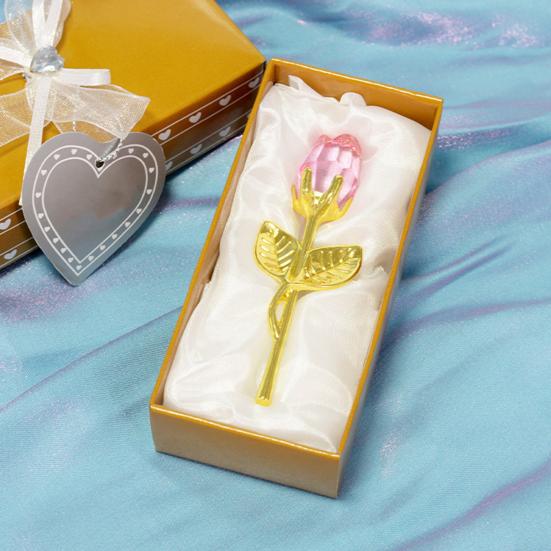 Faux Crystal Rose Flower Gift with Metal Stem Clear Flower Figurine with Gift Box