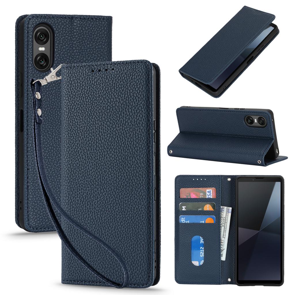 For Sony Xperia 10 VI Case Stand Wallet Litchi Texture Leather Flip Phone Cover with Strap