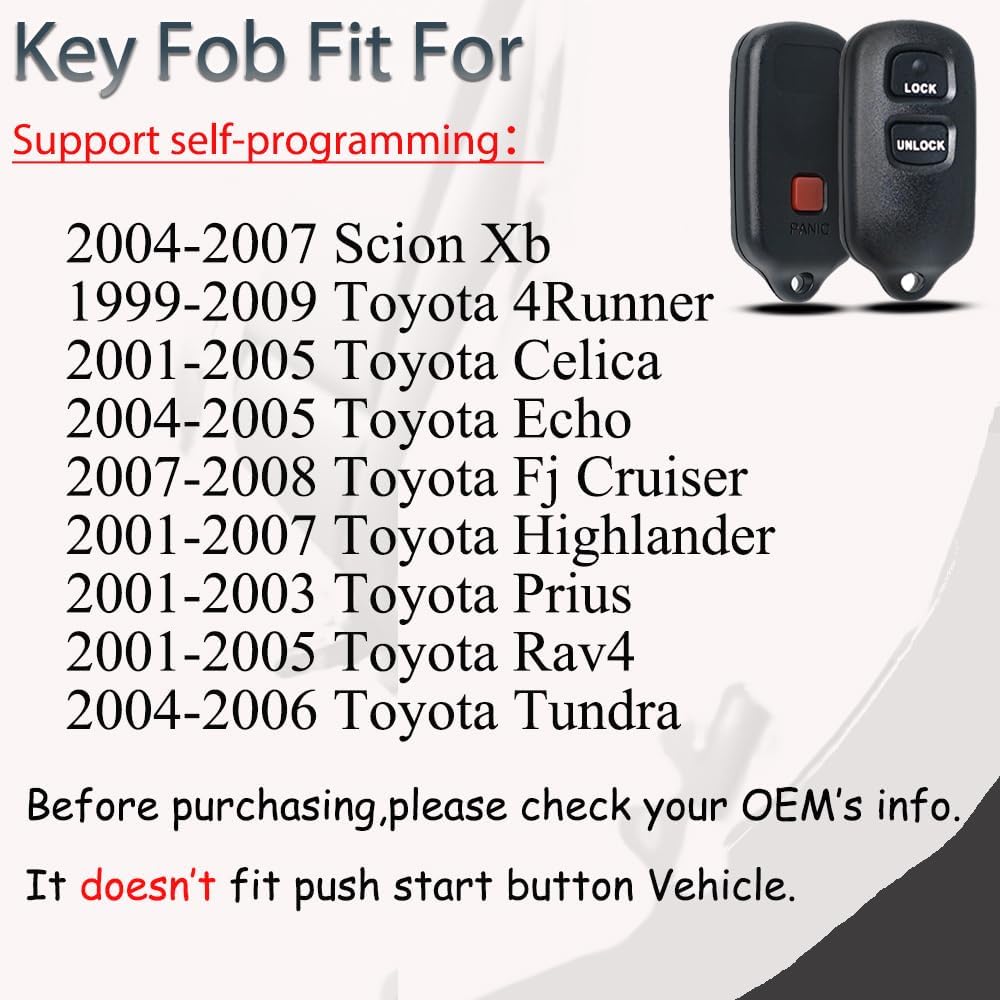Key Fob Keyless Entry Fits for Toyota Highlander Tundra RAV4 Scion XA XB 2001 2002 2003 2004 2005 2006 2007 Remote Control Replacement HYQ12BBX,