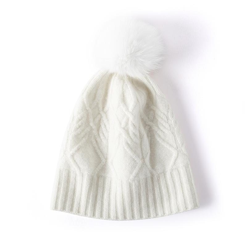 Women 100% Pure Cashmere Beanie Hat Pom Pom Detail Cable Knit Winter Warm Soft Slouchy Skullies Cap Cold Weather Accessory