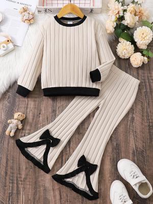 Girls' Ribbed Long-Sleeve Top with Flared Pants Set for 4-7 Years