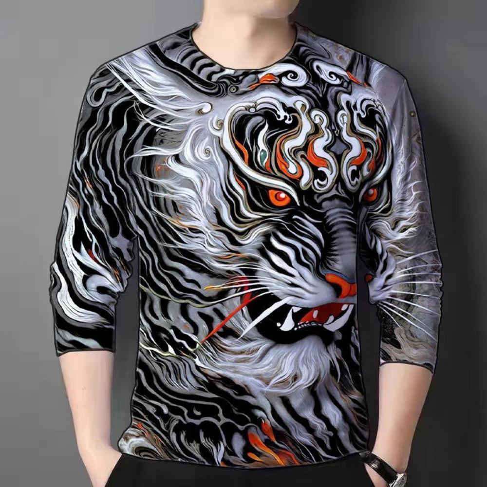 Round Neck 3D Tiger Printed Top Casual Long Sleeved Men's T-shirts - Soft Medium Stretch Polyester Fabric Spring and Autumn Relaxed Fit Clothing