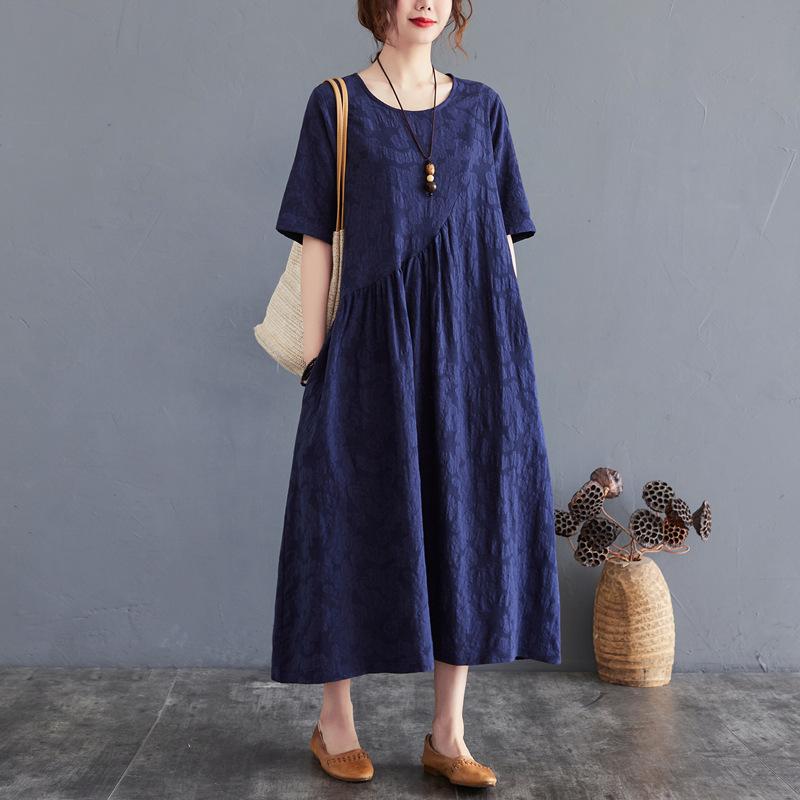 Women Summer Cotton Linen Loose Jacquard Irregular Dress Casual O-neck Short Sleeve Solid Color Dresses