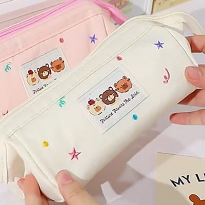 Ins Fashion Embroidered Kawaii Pencil Bag Bear Pattern Large Capacity Stationery Bag Creative Cute Pen Pencil Case