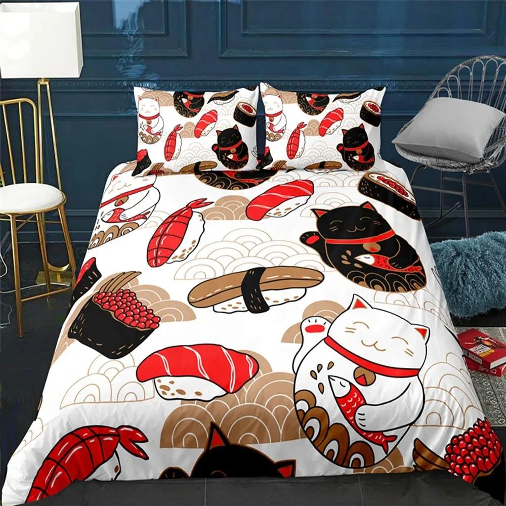 Maneki Duvet Cover Set,Japanese Lucky Cat Duvet Cover Neko Gold Coin Japanese Style Cute Bedding Set Cat Comforter Cover