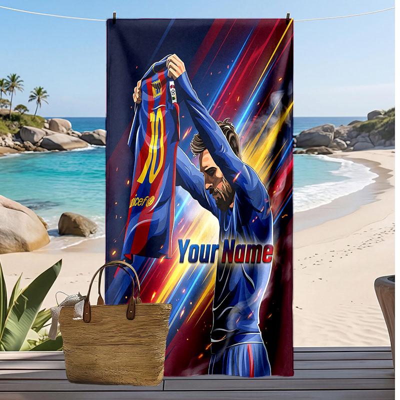 Asciugamano da Spiaggia Personalizzato Stampato Lionel Messi Logo Calcio Supporto Nome Personalizzato Testo Asciugamano Assorbente Per Sport Viaggio Regalo Speciale