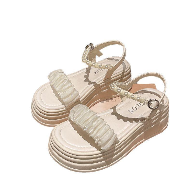 Fashion Sweet Pearl Platform Sandals Women's 2025 New Korean Version One-word Strap Flat Women's Shoes Comfortable Beach Shoes