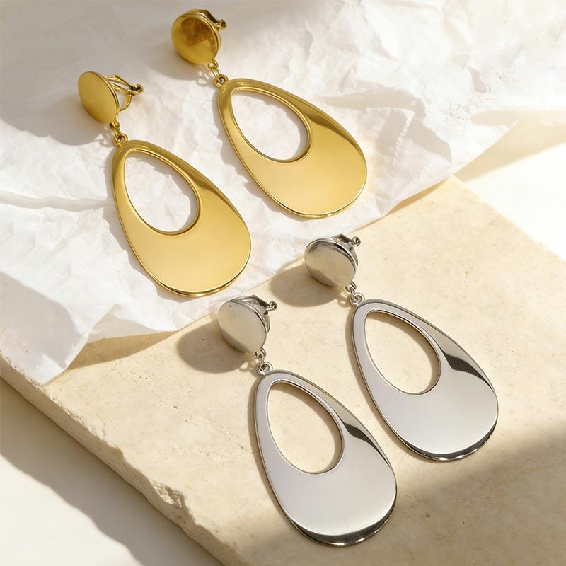 Simple Stainless Steel Teardrop Ear Clips 18 Gold-Plated Hypoallergenic Smooth Non-Piercing Clip on Earrings for Women
