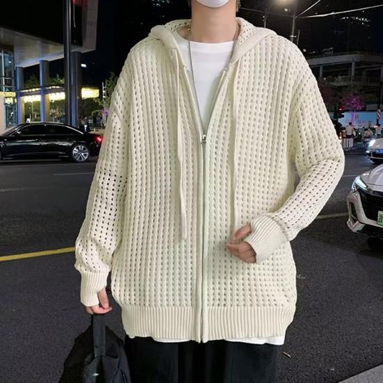 Men Sweater Long Sleeve Zipper Closure Solid Color Hollow-out Design Super Soft Decorative Polyester Men Hooded Sweater Coat Autumn