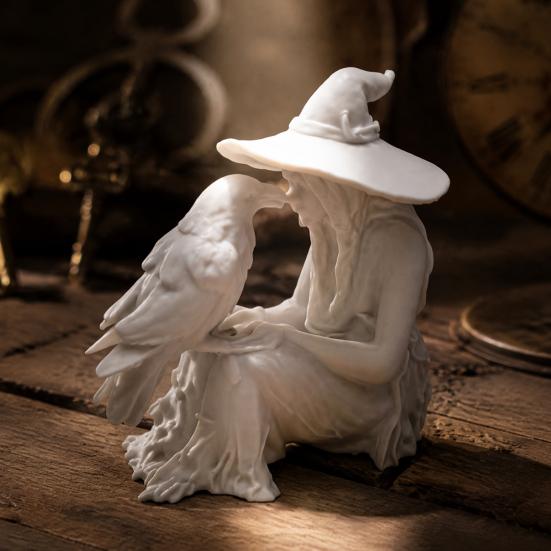 Vintage Style Witch Statue 3D Printed Statue, Gothic And Raven Sculpture, Indoor Outdoor Halloween Mystical Figurine for Home Desktop Shelf