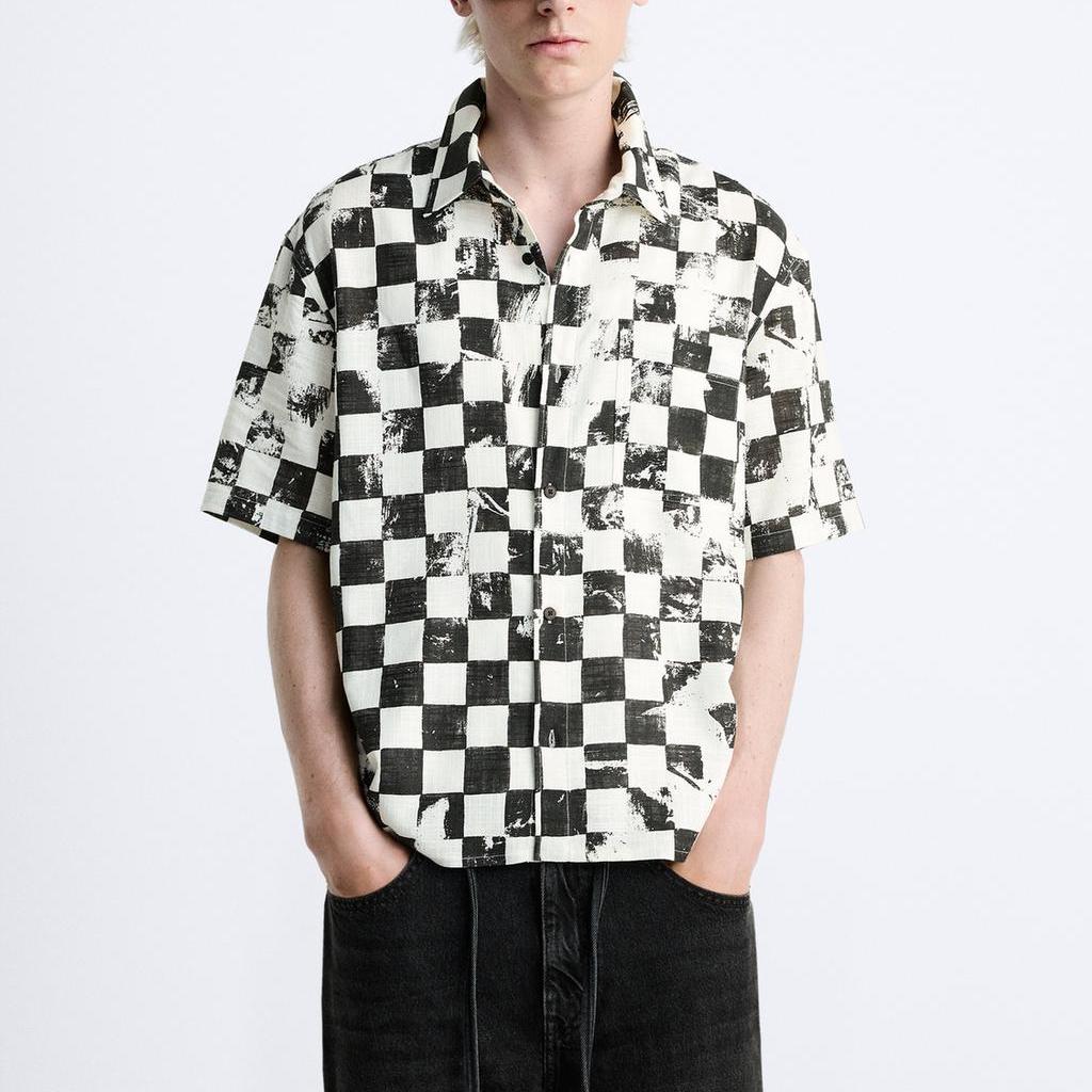 Zara Loose Casual Washed Plaid Print Lapel Short Sleeve Shirt Men Shirts White 0399208-150