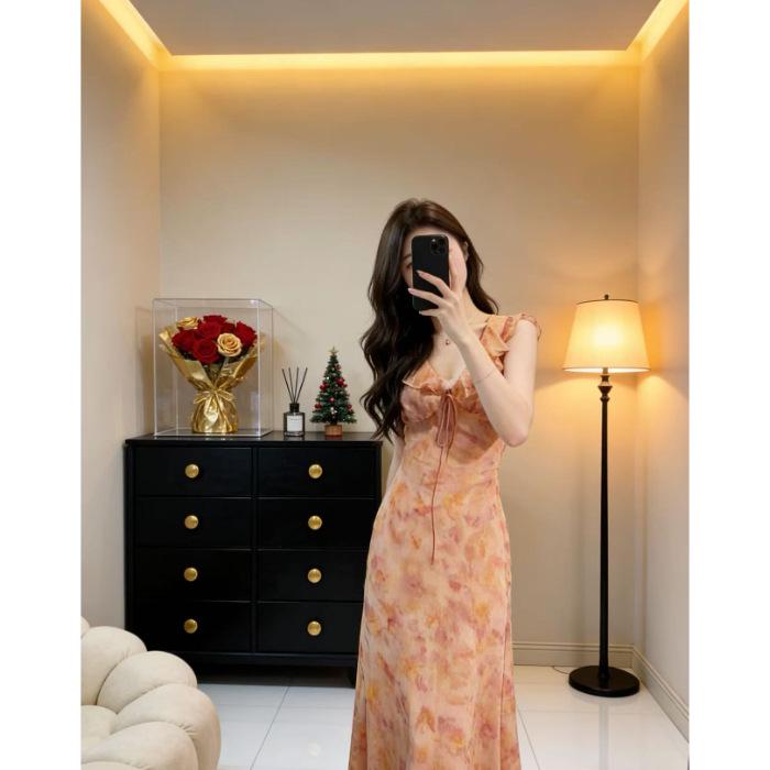 French Pink Ruffled Floral V-Neck Sleeveless Dress - Women s 2026 New Summer Collection 2XL
