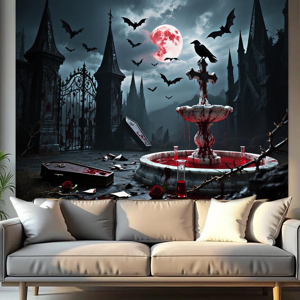 Red Full Moon,Crows,Castle,Bat Elements-Halloween Backdrop Tapestry for Party,Photography Booth,Festive Decor,Wall Decor