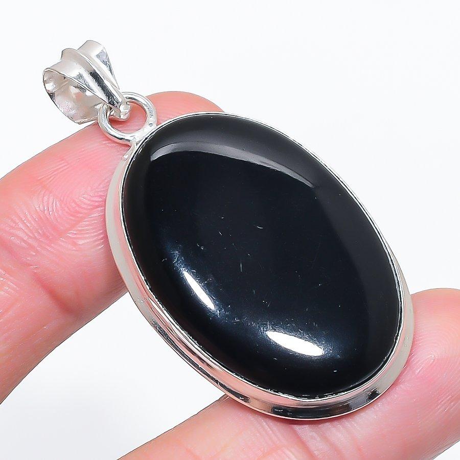 Natural Black Onyx Gemstone 925 Sterling Silver Jewelry Pendant 2.09" U9y05