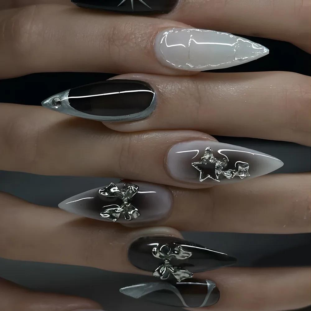 

24Pcs Black & White Ombre Almond Press On Nails with Silver Bow & Star Charms, Cool Y2K Spicy Girl Fake Nails with Glue United States