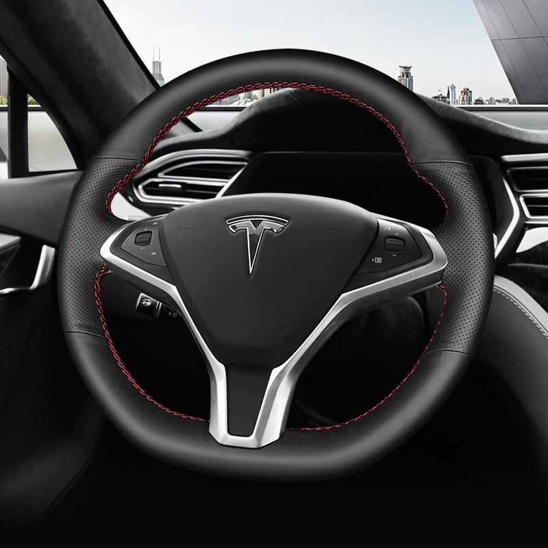 Tesla Hand-Stitched Genuine Leather Steering Wheel Cover for Models 3/Y/X/S - Full Coverage, Anti-Slip Grip.
