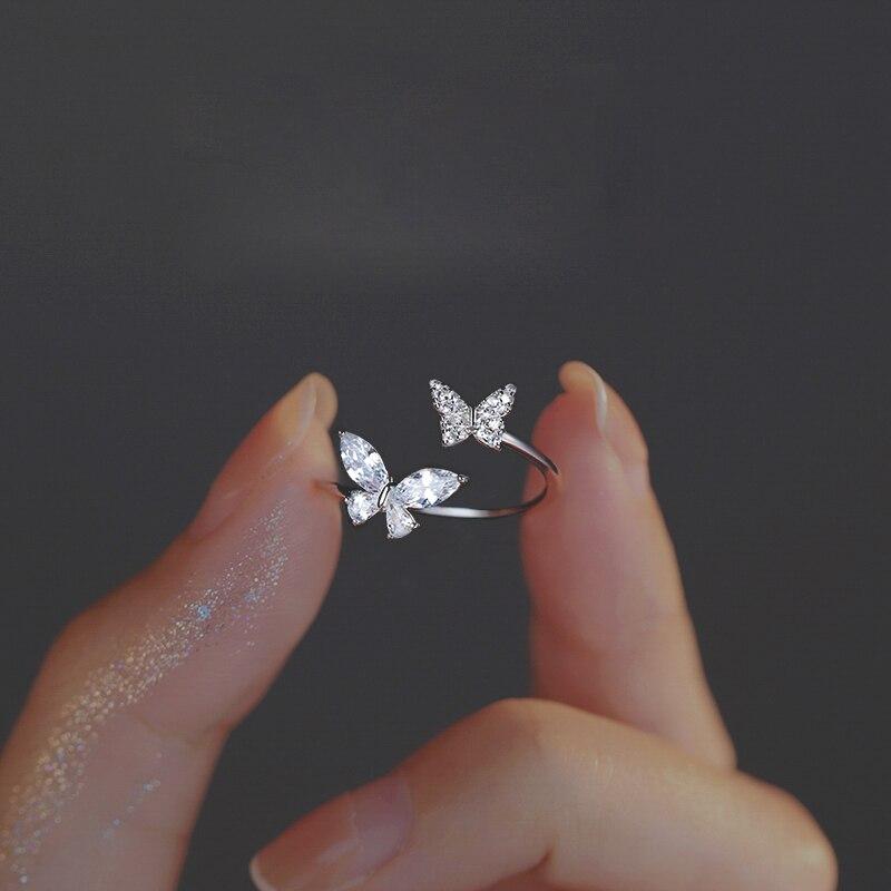 ANENJERY Sparkling Zirconia Flying Butterfly Opening Ring pro ženy Design Prémiový ukazováček na ocasní kroužek bague anel anillo