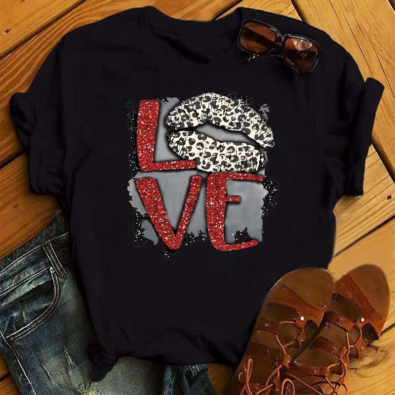 New Unisex Pink Lips Leopard Graphic T Shirt Casual Fahion Oneck Sexy Black Tees Kiss Lip Funny Girls Tshirtdrop Shipping