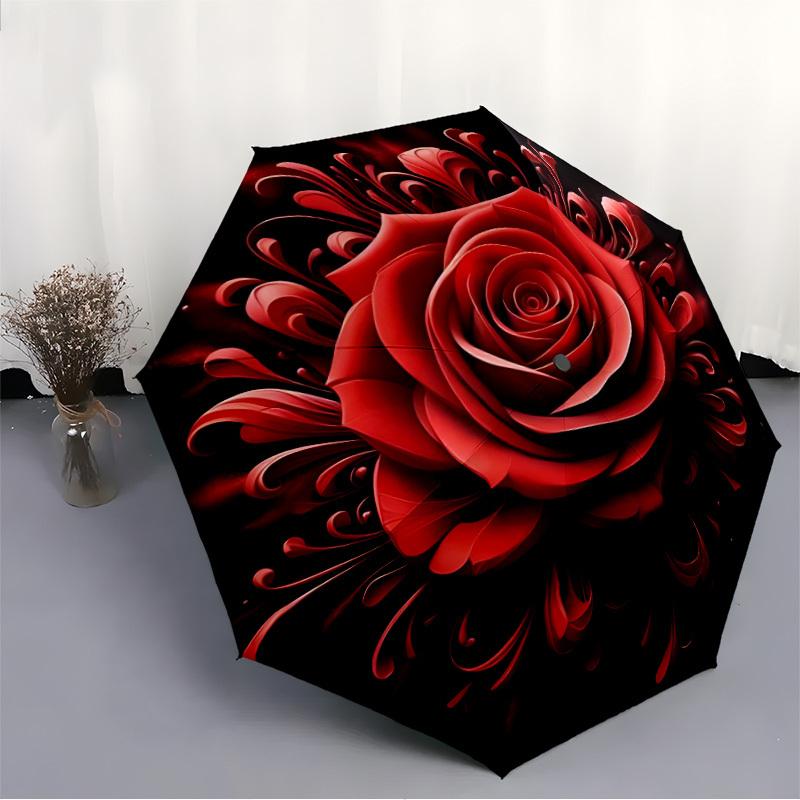 1pc Rose Floral Pattern Automatic Folding Umbrella, 8-Rib Iron Frame, Casual Outdoor Accessory for Birthday Festival Gifts Yy251128185